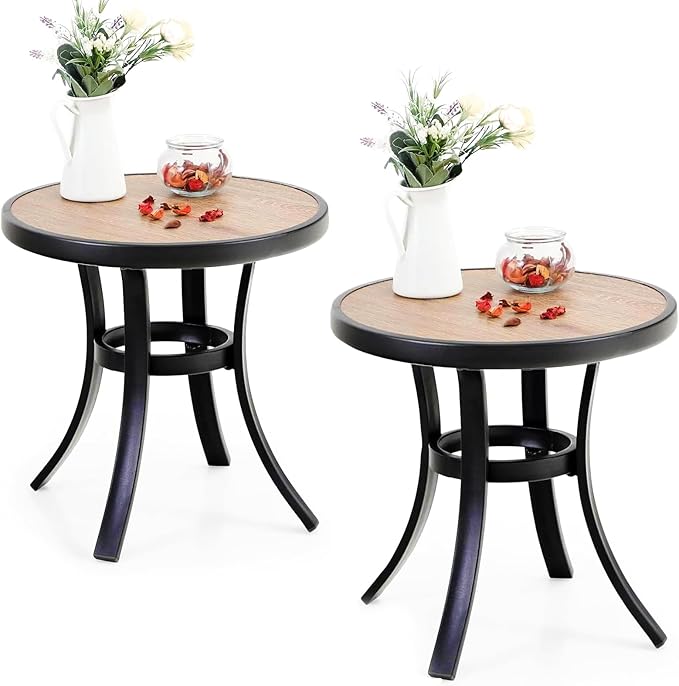 PHI VILLA Outdoor Round Side Table Set of 2, 19" Small Metal End Table with Wood Top, Outside All Weather Coffee Bistro Table for Patio, Deck, Porch, Balcony, Indoor