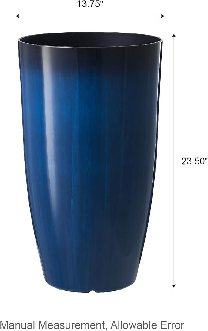 Glitzhome 23.5" H Oversized Tall Round Tapered Planter, Set of 2 Large Gradient Cobalt Blue Faux Ceramic Tall Planters Pots, Plastic Flower Pots with Drainage Holes for Front Porch Patio Garden Deck