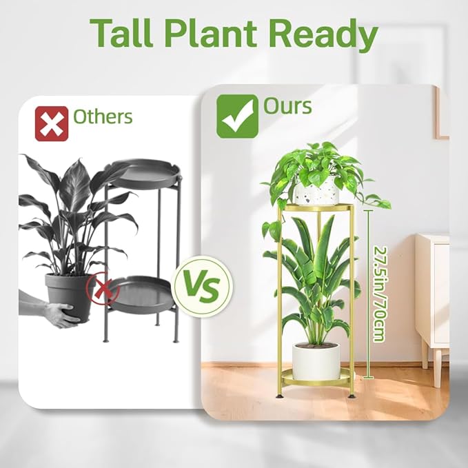 iDavosic.ly 2 Tier Corner Plant Stand Indoor, Tall Vertical Metal Flower Heavy Duty Pot Holder Shelf Outdoor for Patio Porch Living Room, Gold - Round