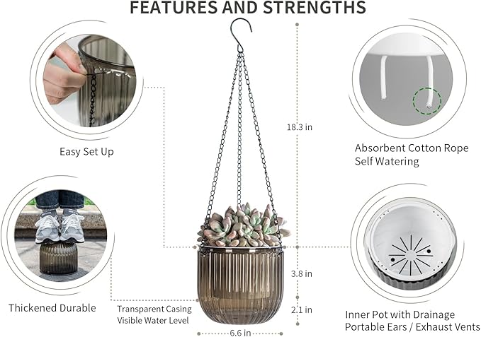 Josteve 6.5 Inch 2 Pcs Self Watering Hanging Planter Indoor Plant Pots Drainage Holes, Outdoor Hanging Planters Flower Pot Basket, Visible Water Level, Plant Hanger Home Decor, Gardening