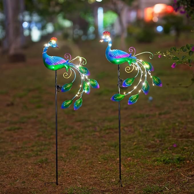 DREAMSOUL 2 Pack Metal Peacock Solar Lights Outdoor Waterproof LED Solar Lights, Decorative Garden Stakes for Yard Pathway Peacock Decor
