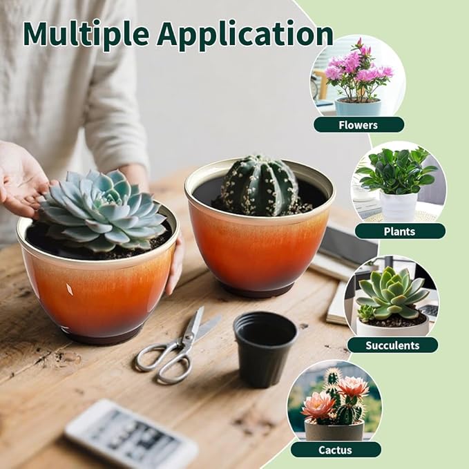 Plastic Plant Pots 8 Inch, 4 Piec Flower Pots with Drainage Hole, Modern Sleek Decorative Planter for Indoor Outdoor Succulent Snake Plants(Orange)