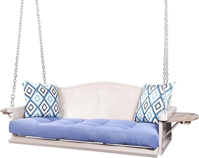3-Seat Metal Porch Swing 900 LBS Heavy Duty Hanging Bench with Upgraded Tray & Cushions Rust-Resistant Finish Swing Chair with 8.9FT Chains for Patio Lawn Garden