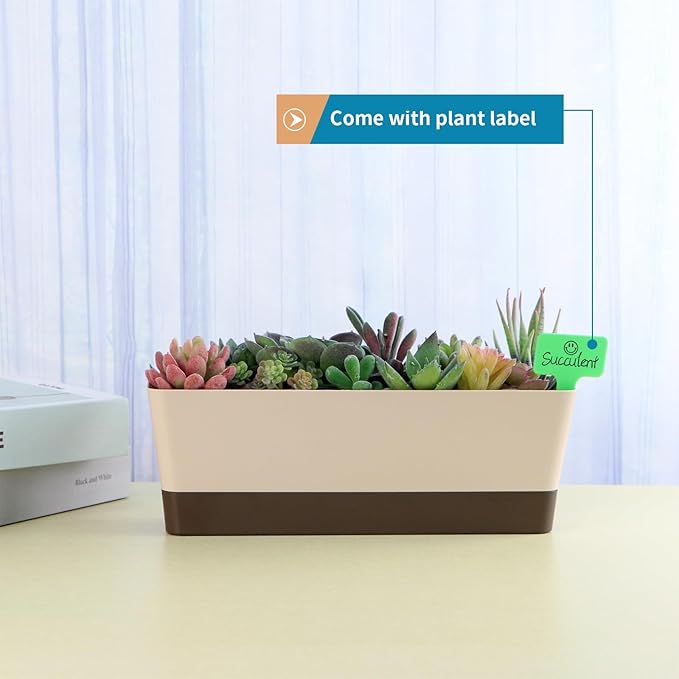 Window Box Planter with Tray, 12" Rectangle Plant Pot, Pack of 3 (Beige)