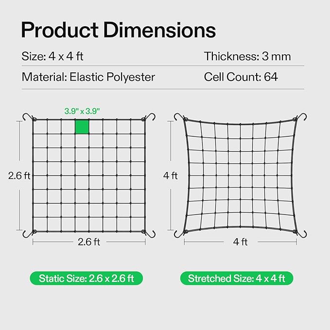 VIVOSUN 4 x 4Ft. Elastic Trellis Netting with 4 Hooks for Climbing Plants, Vegetables, Fruits, and Flowers, 1-Pack