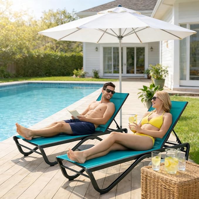 Kozyard Outdoor Chaise Lounge Chair, Full Aluminum Frame, Adjustable Reclining Patio Lounger for Poolside, Sunbathing & Backyard, Textilene (Aqua)