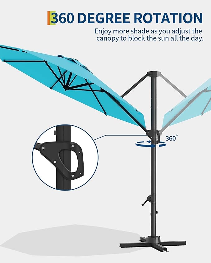 GarveeLife 10 ft Patio Umbrella Outdoor Large Cantilever Umbrella w/Base Included Market Sun Shade Windproof Offset Umbrella with 360-Degree Rotation for Garden Deck Pool Patio, Turquoise Blue