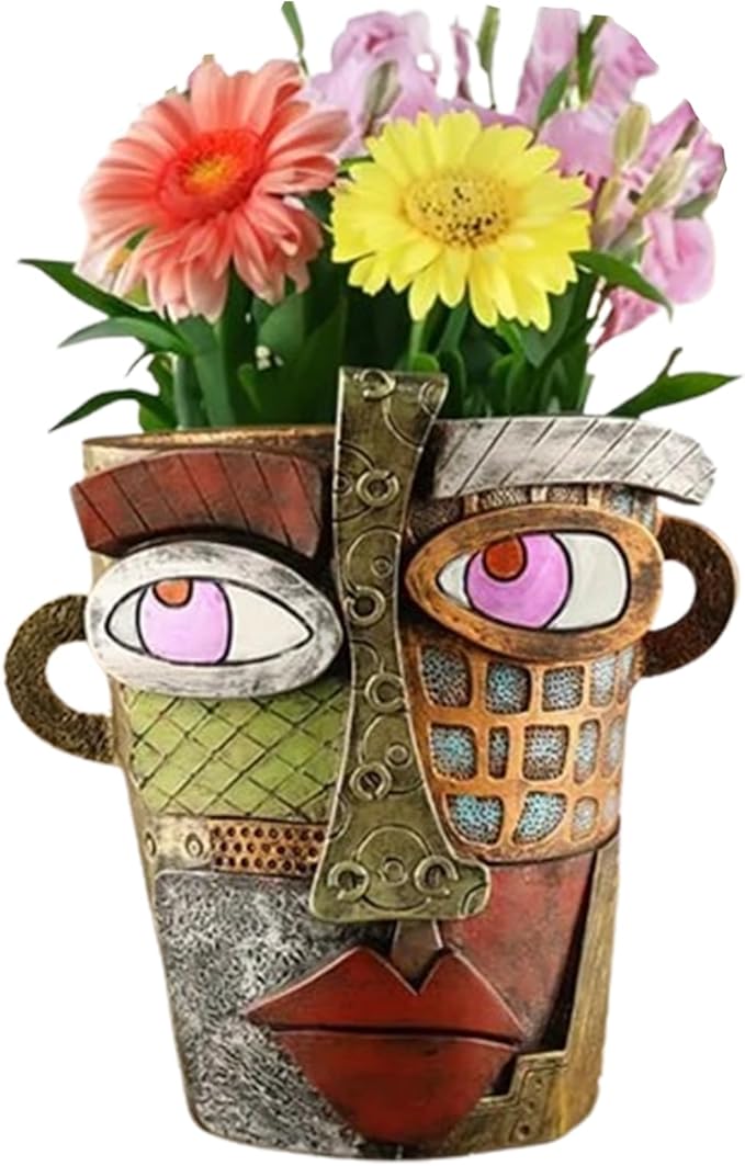 Abstract Face Planters Pots Head,Picasso Brutalist Face Flower Pot Ornaments Head Planter Pots Colorful Art Abstract Resin Flower Pot for Indoor and Outdoor Plants Funny Room Decor(Retro Big)
