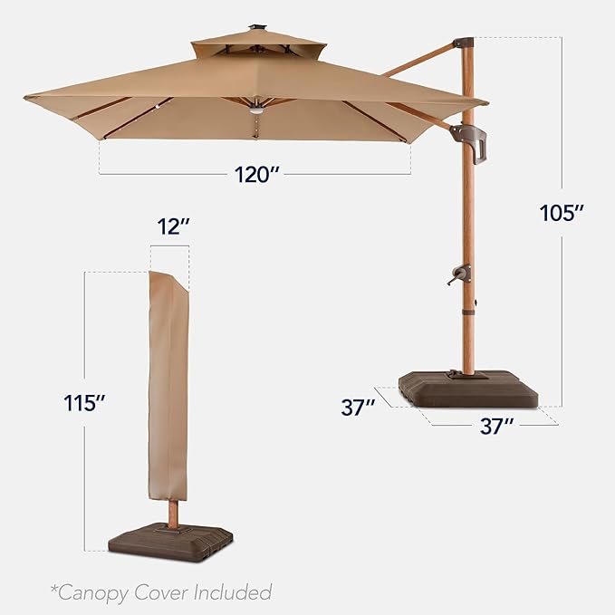 Best Choice Products 10ft Square Cantilever Patio Umbrella w/Base Included, Woodgrain Pattern Pole & Solar LED Lights, 360-Rotation, Offset Hanging Outdoor Shade - Tan