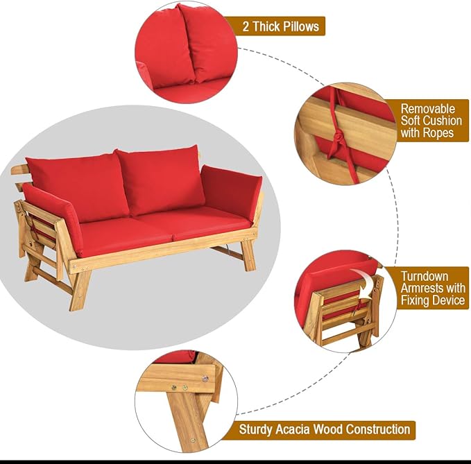 Tangkula Convertible Acacia Wood Patio Couch Sofa Bed with Adjustable Armrest, Outdoor Daybed with Cushion & Pillows, Outside Folding Futon Sofa Couch Bench for Porch, Courtyard, Poolside & Garden