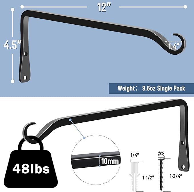 FEED GARDEN 2 Pack 12 Inch Hanging Plant Bracket Wall Hooks Decorative Plant Hangers for Outdoor Hanging Bird Feeders, Wind Chimes, Plant Baskets, Black