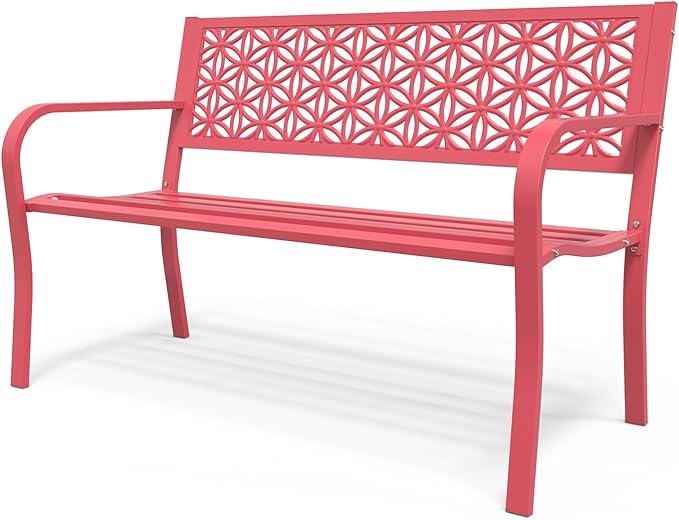 VINGLI 50" Outdoor Bench Metal with Floral Back, Garden Bench Front Porch Bench for Yard Patio Entryway Park Outside, 800lb Capacity - Pink