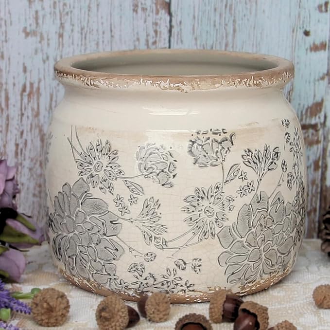 Modern Farmhouse Ceramic Planter for Home Decor, 6.29 Inch Vintage Plant Pot Indoor with Drainage Hole for Succulent Rosemary Plant, Distressed Pottery Vase for Office Balcony Decoration & Gift (Gray)