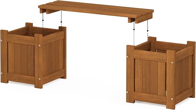 Furinno Tioman Hardwood Mini Outdoor Planter Box with Bench for Garden Plant