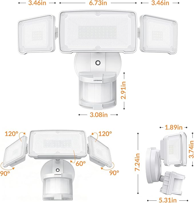 LEPOWER LED Security Lights Motion Sensor Light Outdoor, 38W 4200LM Light, 5500K, IP65 Waterproof, 3 Head Detected Flood Light for Garage, Yard, Porch (White)