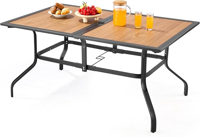 VEVOR Outdoor Patio Dining Table, 59 inch Long Rectangular Wood-Like Steel Slat Backyard Bistro Tables for 4-6, with 1.5 in Umbrella Hole, All-Weather Large Furniture for Lawn Garden Porch, Brown