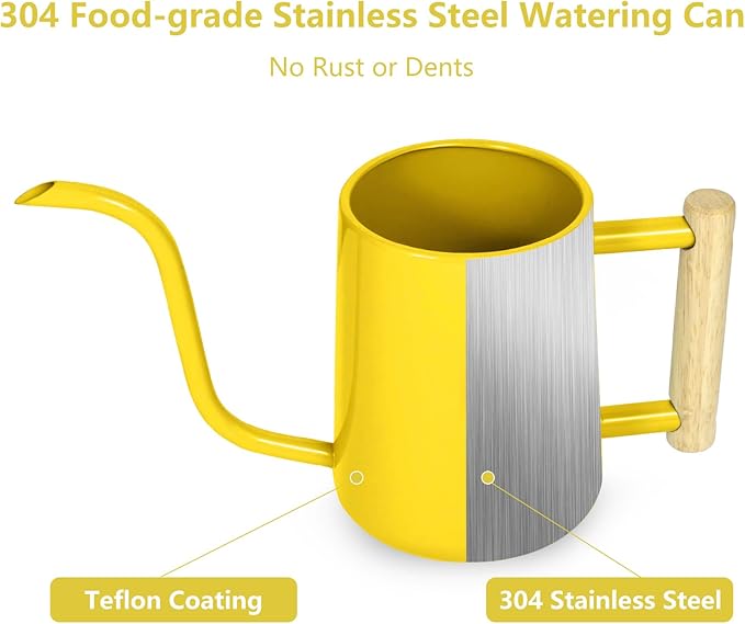 Watering Can Indoor Plants, 35 oz/1000 ml Metal Stainless Steel Watering Can Pot with Long Spout for Indoor House Plants Bonsai Outdoor Garden Flower Decorative (Yellow)