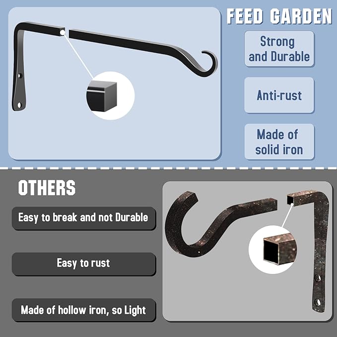 FEED GARDEN 2 Pack 12 Inch Hanging Plant Bracket Wall Hooks Decorative Plant Hangers for Outdoor Hanging Bird Feeders, Wind Chimes, Plant Baskets, Black