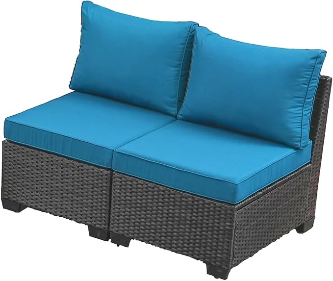 Jing's Villa 2 Piece Outdoor Wicker Armless Sofa, Patio Rattan Sectional Sofa Set with Thick Seat Cushions and 2 Back Cushions for Garden Patio, Backyard, Poolside Peacock Blue