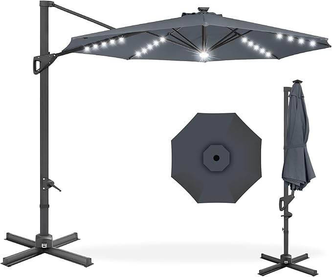 Best Choice Products 10ft Solar LED Cantilever Patio Umbrella, 360-Degree Rotation Hanging Offset Market Outdoor Sun Shade for Backyard, Deck, Poolside w/Lights, Easy Tilt, Cross Base