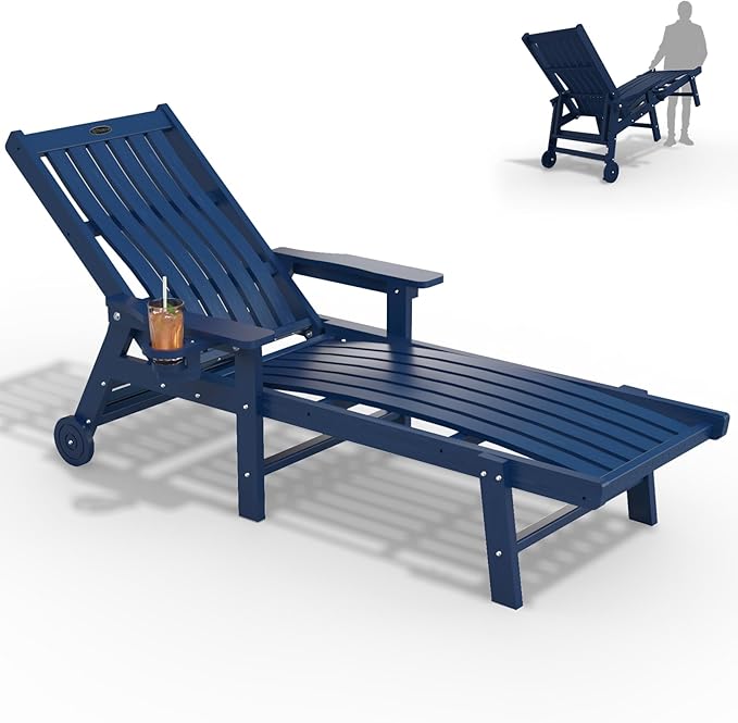 Patio Chaise Lounge Chair, Oversized Lounge Chair Outdoor with 5 Positions, HDPE, Patio Lounge Chair with Wheels & Cup Holder for Pool, Deck, Poolside,Navy Blue