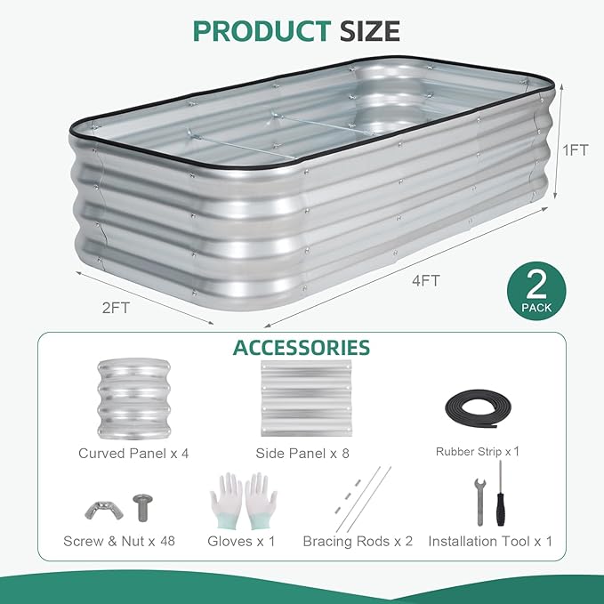 3 in 1 Galvanized Raised Garden Bed - 4x2x1ft (2Packs) Modular Planter Box Outdoor | Metal Raised Bed Kit with Bracing Rods for Gardening Vegetables Flowers Fruits Herbs (Silver)