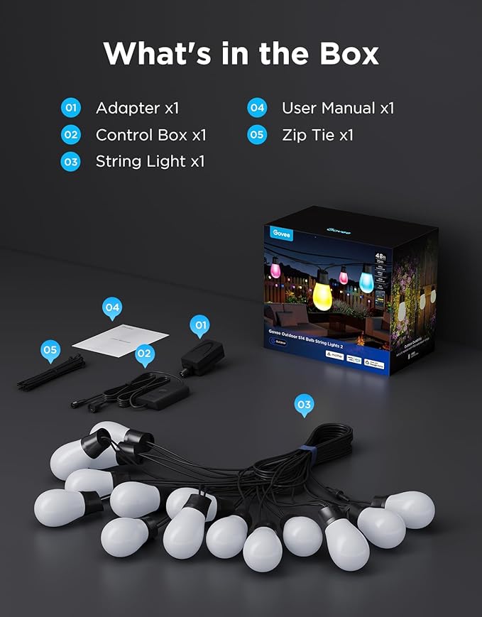 Govee S14 Bulb Outdoor String Lights 2, 48ft Smart RGBIC Warm White Patio Lights with 15 LED Bulbs, 111 Scene Modes for Outdoor Decor, Upgraded IP66 Compatible with Alexa, Google, Matter, APP Control