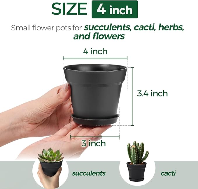 T4U 4 Inch Plant Pots 8-Pack, Small Flower Pots with Drainage Hole and Saucer, Decorative Nursery Pot Bulk for African Violet, Snake Plant, Succulent, Herb and Plants Indoor (8 Pcs 4" Pots, Black)