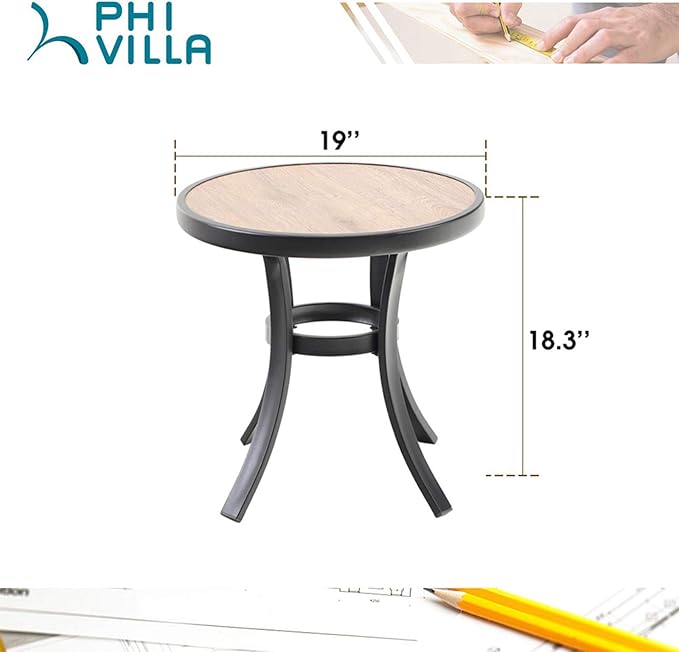 PHI VILLA Outdoor Round Side Table, 19" Small Metal End Table with Wood-Lile PVC Top for 2, All Weather Coffee Bistro Table for Patio, Deck, Porch, Balcony, Indoor