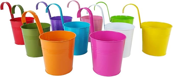 10 Pcs Fence Planters, 4" Metal Hanging Pots Plant Holder with Detachable Hook & Drainage, Railing Planter Flower Pot for Indoor Outdoor Balcony Patio Garden