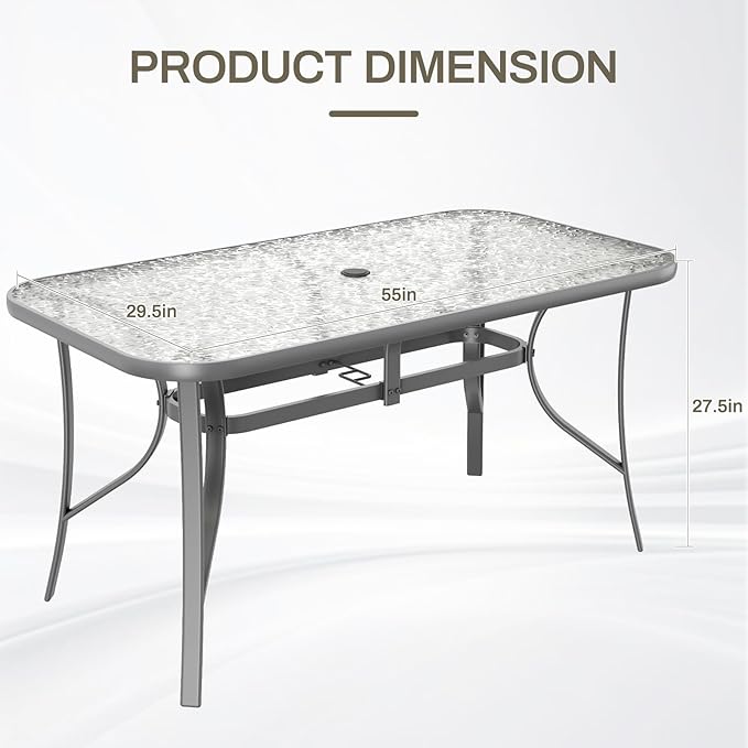 TLSUNNY Patio Outdoor Table W/ 1.69″ Umbrella Hole, 30"X 55" Rectangular Tempered Glass Patio Dining Table for 6, Outdoor Metal Furniture, All-Weather Use, for Patio, Graden, Backyard (Grey)