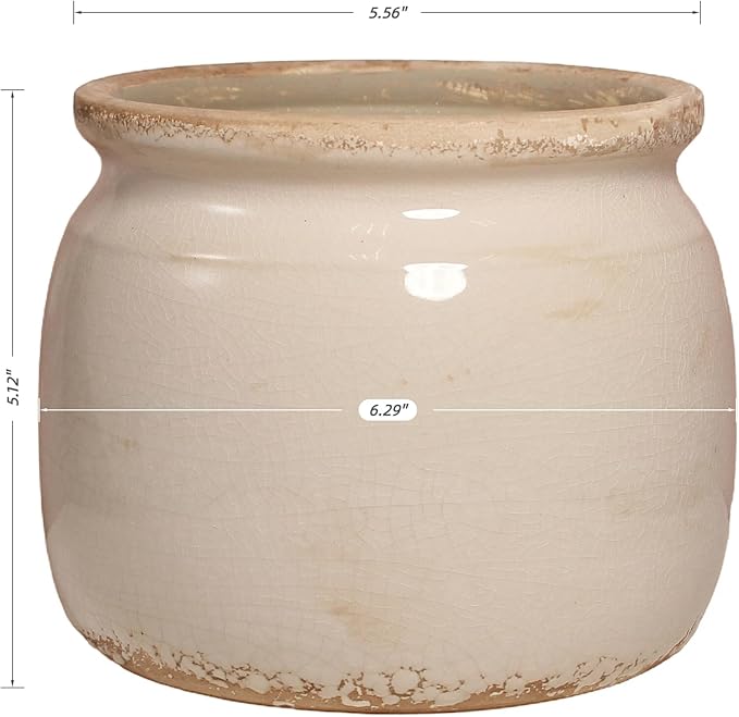 Ceramic Planter & Vase for Wabi Sabi Decor, 6.29 Inch Nordic Minimalist Flower Pot with Drainage Hole for Indoor Plants, Boho Tabletop Bookshelf & Living Room Decoration, Unique Gift (Antique Ivory)