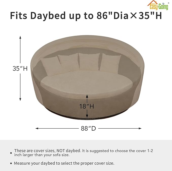 Easy-Going Heavy Duty 600D Outdoor Daybed Cover 88 Inch UV Resistant Patio Round Sofa Cover Waterproof Outdoor Canopy Daybed Sofa Cover with Air Vent 88" Dia x 35"/18" H, Camel