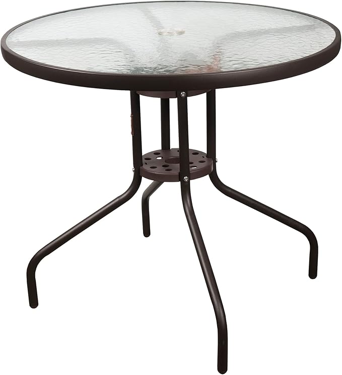 Garden Elements Outdoor Patio Furniture, Round Dining Table, Steel Base and Rim with Water-Wave Glass Top, Brown, 31.5"