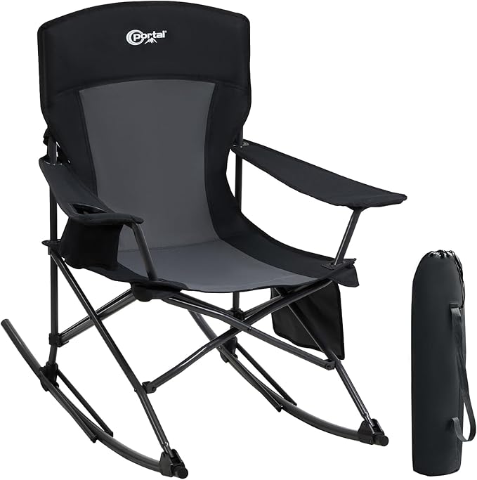 Portal Outdoor Rocking Chair Camping Folding Portable Rocker with Cup Holder Side Pocket Carry Bag, Support 350LBS (Black)