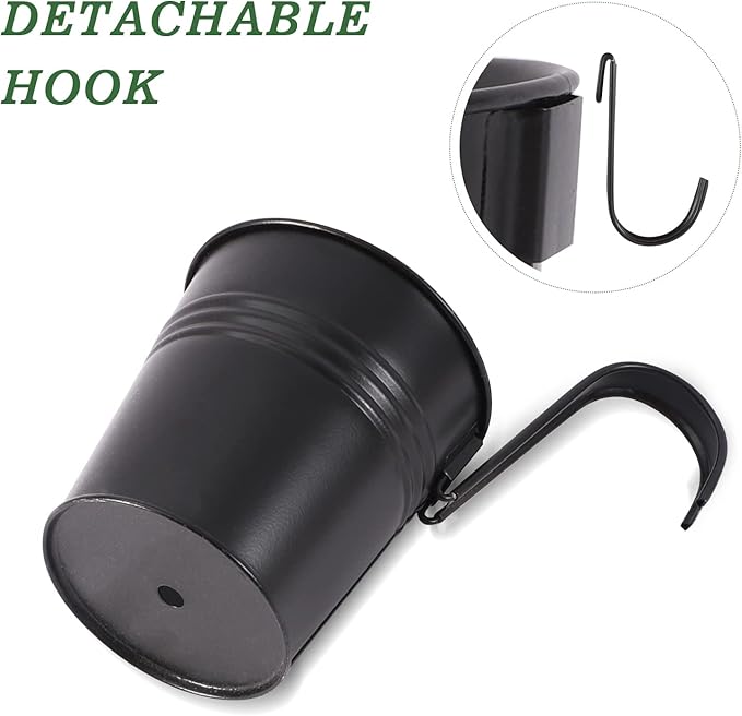 HowRU Metal Iron Flower Pots for Railing Fence Hanging Bucket Pots(5 Pcs) and Hanging Flower Pots Metal Iron Bucket Planter(10 Pcs) (Black)