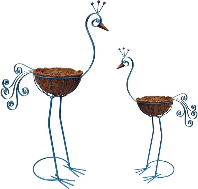 Metal Peacock Planter with Fiber Basket -Garden Bird Planters for Outdoor Indoor Lawn,Yard,Porch,Patio, Garden Decorations（Set of 2）