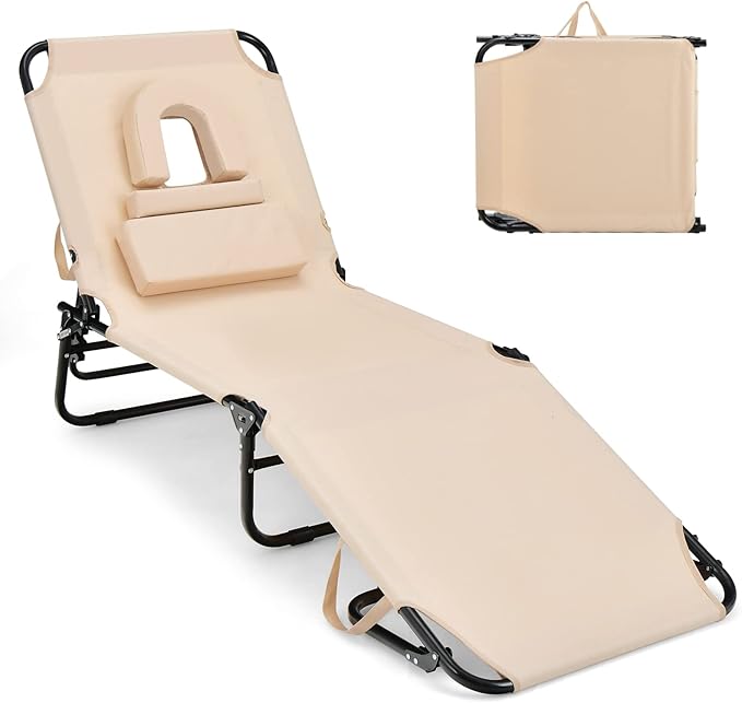 GYMAX Tanning Chair, 350lbs Beach Lounge Chair with Face Hole, Detachable Washable Pillow & Carry Strap, Adjustable Folding Chaise Lounge, Layout Chair for Outside, Patio, Poolside, Lawn (1, Beige)