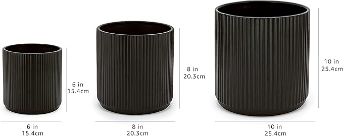 Amazon Basics Fluted Ceramic Round Planters with Drainage Hole, Indoor Outdoor Flower Pots, Assorted Sizes 6, 8, 10 inch, Set of 3, Black