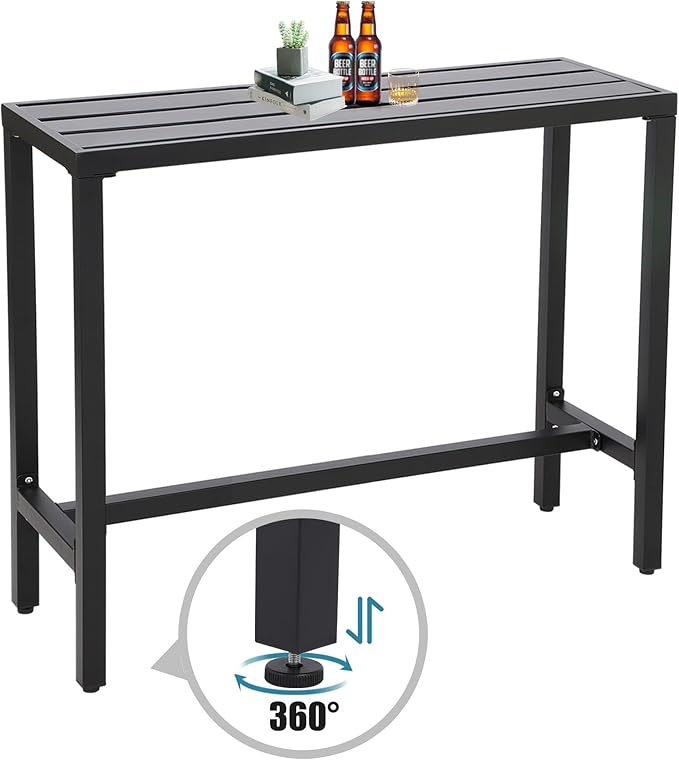 Outdoor Bar Table, Patio Console Pub Height Tables with Powder Coated Steel Frame, Weather Resistant Waterproof Top for Hot Tub, Balcony, Garden, Yard, Poolside (Black, 47" Narrow Bar Table)