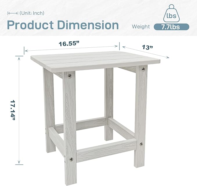 Adirondack Side Table - HDPS Weather Resistant, End Table for Patio, Pool, Deck, Porch, Indoor/Outdoor Use, White