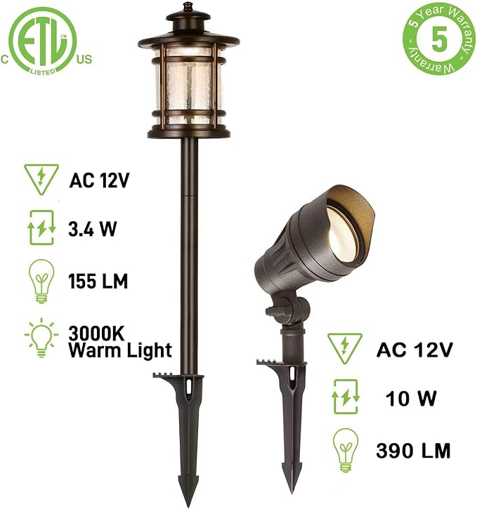 hykolity 8 Pack Low Voltage LED Landscape Kits, 12V-24V Pathway Flood Light Kits, 10W 390LM and 3.4W 155LM Wired for Outdoor Yard Lawn, Die-cast Aluminum, 50W and 30W Equivalent