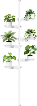 Tension Rod Plant Stand, Plant Poles for Hanging Plants Indoor, 6 Tier Tension Pole Plant Hanger, Floor to Ceiling Plant Pole with 6 Trays Hanging Plant Stand, White