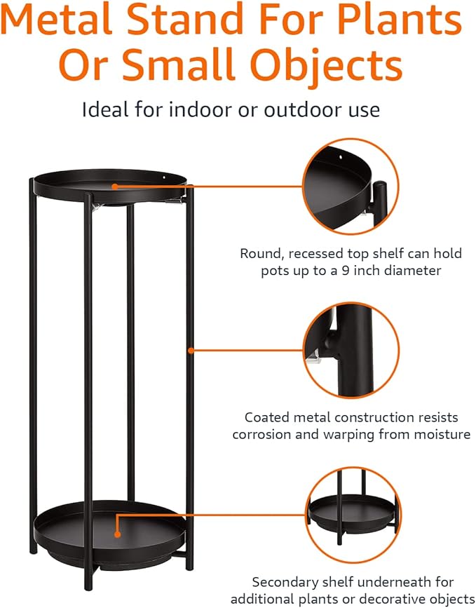 Amazon Basics Two-Tier Indoor Outdoor Metal Round Plant Stand for Multiple Plants, Rustproof Flower Holder with Plant Shelf, Black