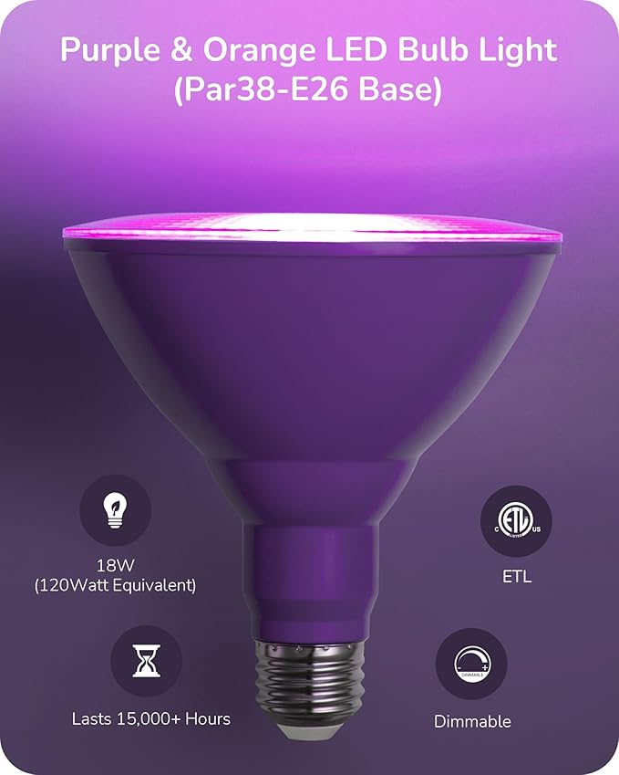 EDISHINE PAR38 Purple & Orange LED Flood Light Bulbs Outdoor, Dimmable LED Light Bulb, 18W(120W Equivalent), Outdoor Weatherproof Light Bulb for Party, E26 Base, 2 Pack