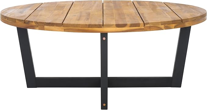 SAFAVIEH Outdoor Collection Leo Natural/Black 4-Leg Round Coffee Table, Ideal for Deck, Patio, Backyard, Sunroom