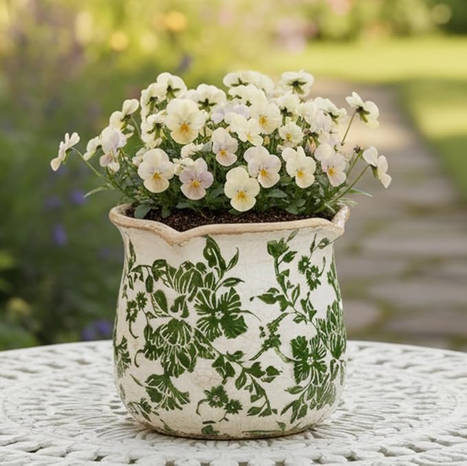 Tuscan Ceramic Plant Pots, 6.11 Inch Vintage Planters with Drainage Hole for Indoor Plants, Farmhouse Green Scroll Vase & Flower Pots, Home Kitchen Garden Decor, Plant Lover Gifts