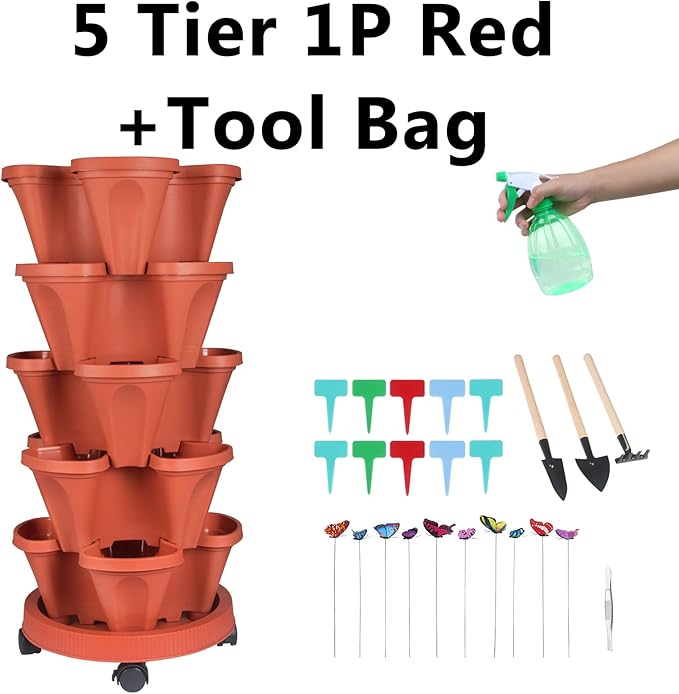 GameXcel Vertical Planter, 5 Tier Stackable Strawberry Planter with Garden Tool Set, Movable Indoor/Outdoor Garden Herb Pot for Growing Vegetables and Succulents, Red