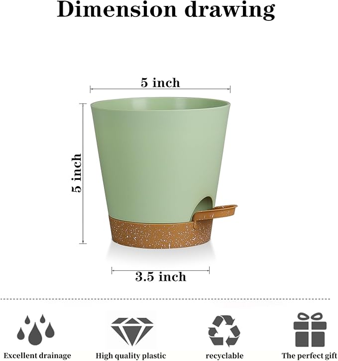 5 Pack 5 inch Self-Watering Pots, African Violets Planter with Drainage Holes and Reservoir, Green Brown Plastic Planter for Indoor Outdoor Plants Flowers and Houseplants Green Brown, 5 inch 5 pcs
