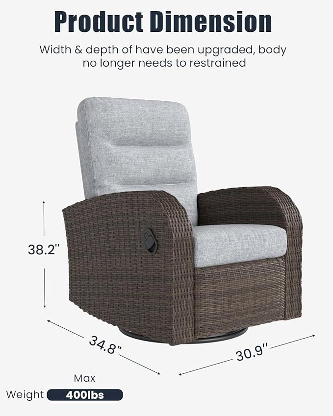 Outdoor Swivel Recliner Chair Set of 2, All-Weather Wicker Reclining Patio Chair with Adjustable Backrest and Footrest